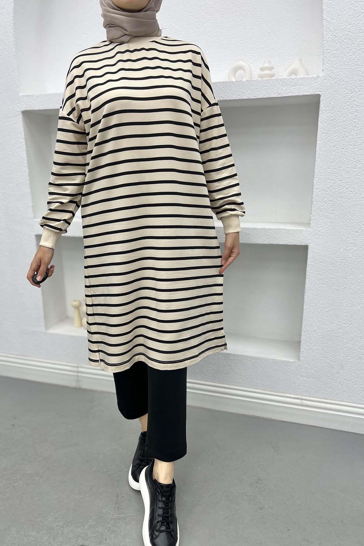 Çizgili Uzun Sweatshirt Siyah