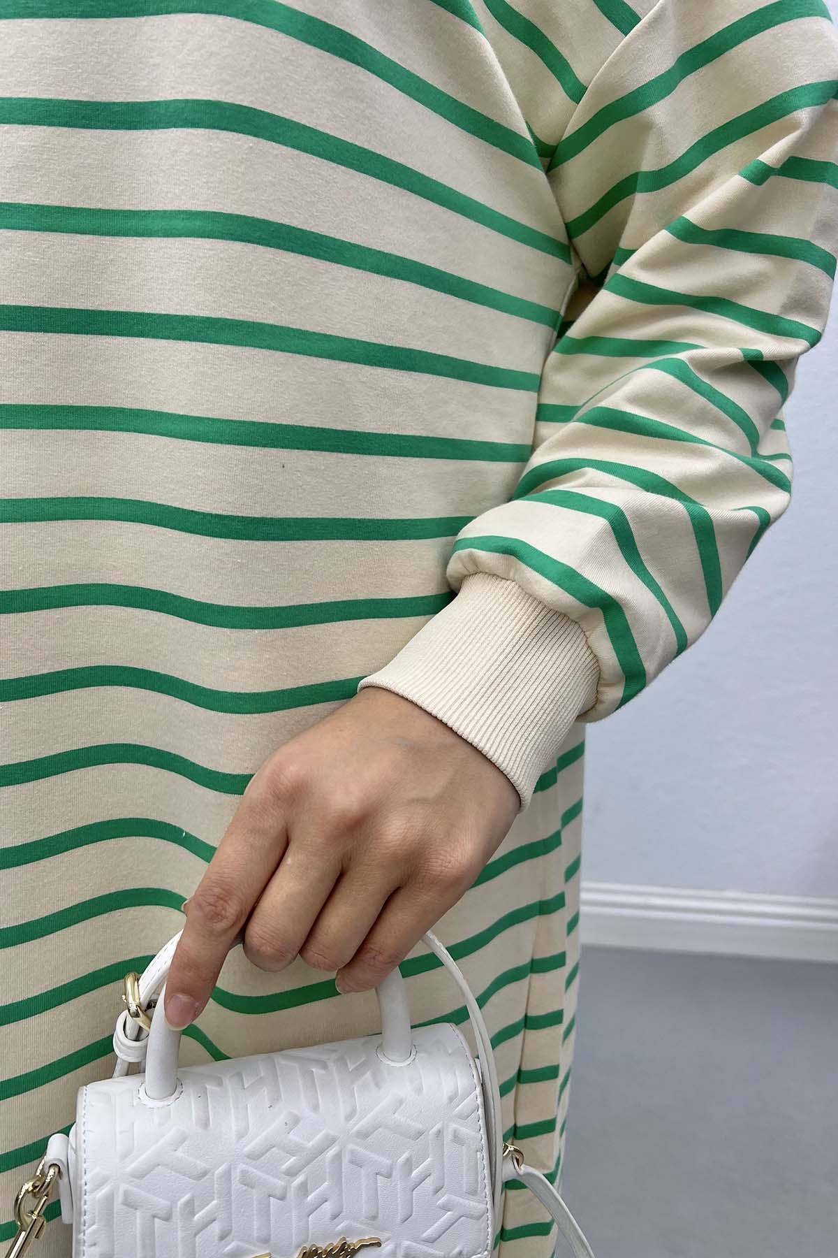 Çizgili Uzun Sweatshirt Yeşil