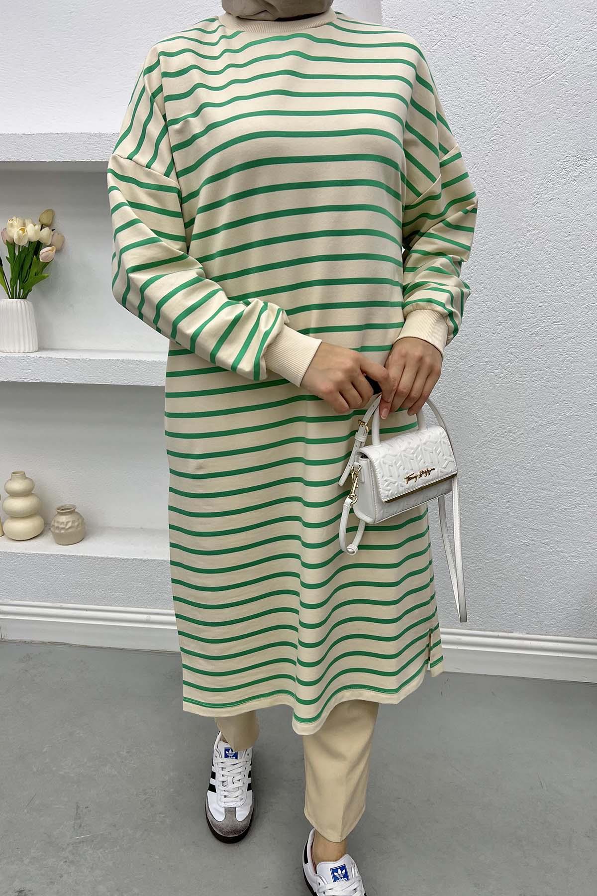 Çizgili Uzun Sweatshirt Yeşil