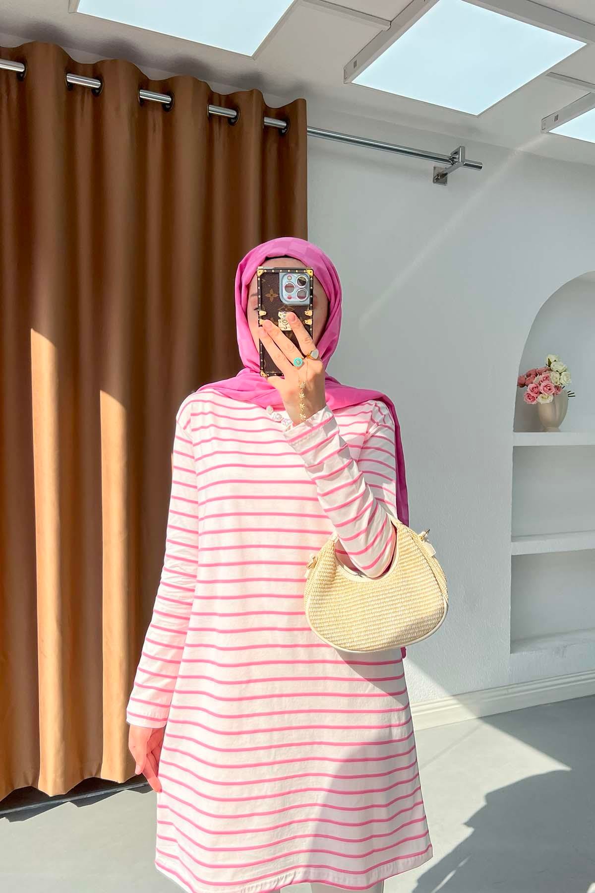 Çizgili Viskon Tunik Pembe