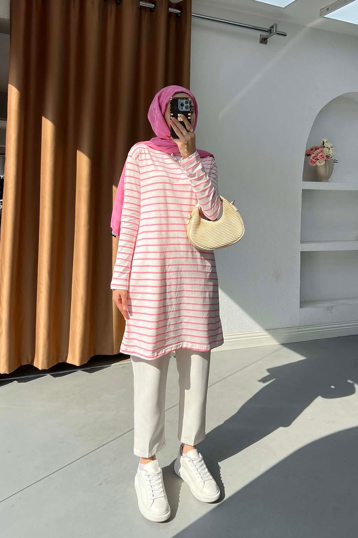 Çizgili Viskon Tunik Pembe