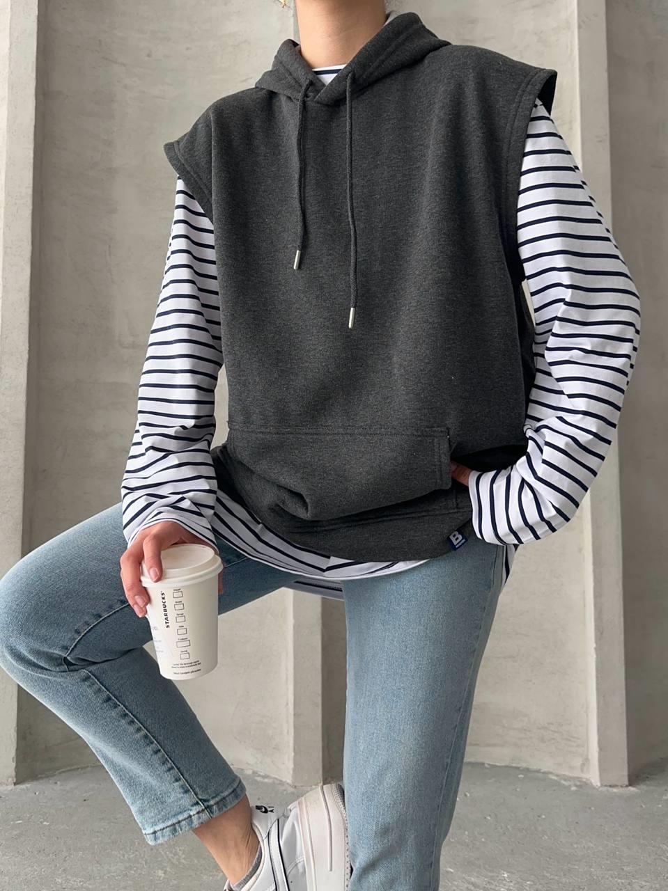Çizgili Yelekli İkili Sweatshirt Füme