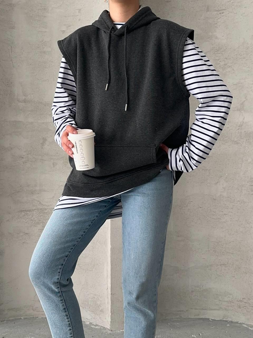 Çizgili Yelekli İkili Sweatshirt Füme