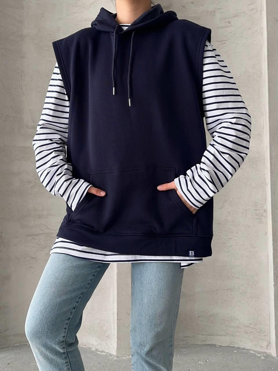 Çizgili Yelekli İkili Sweatshirt Lacivert