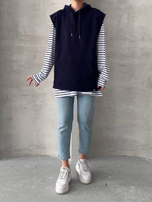 Çizgili Yelekli İkili Sweatshirt Lacivert