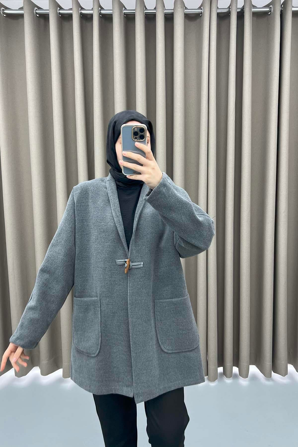 Çoban Düğmeli Kaşe Kaban Gri