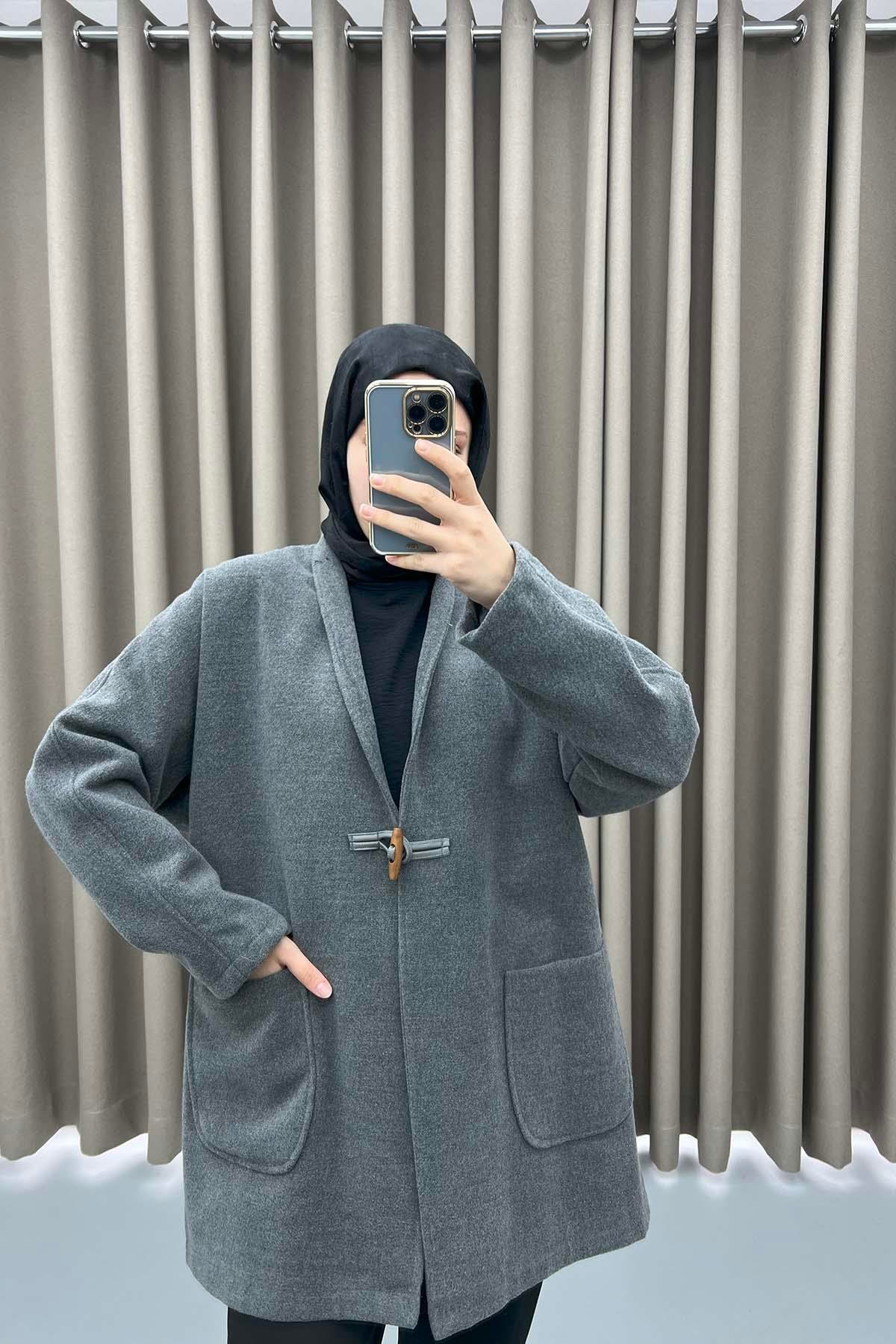 Çoban Düğmeli Kaşe Kaban Gri