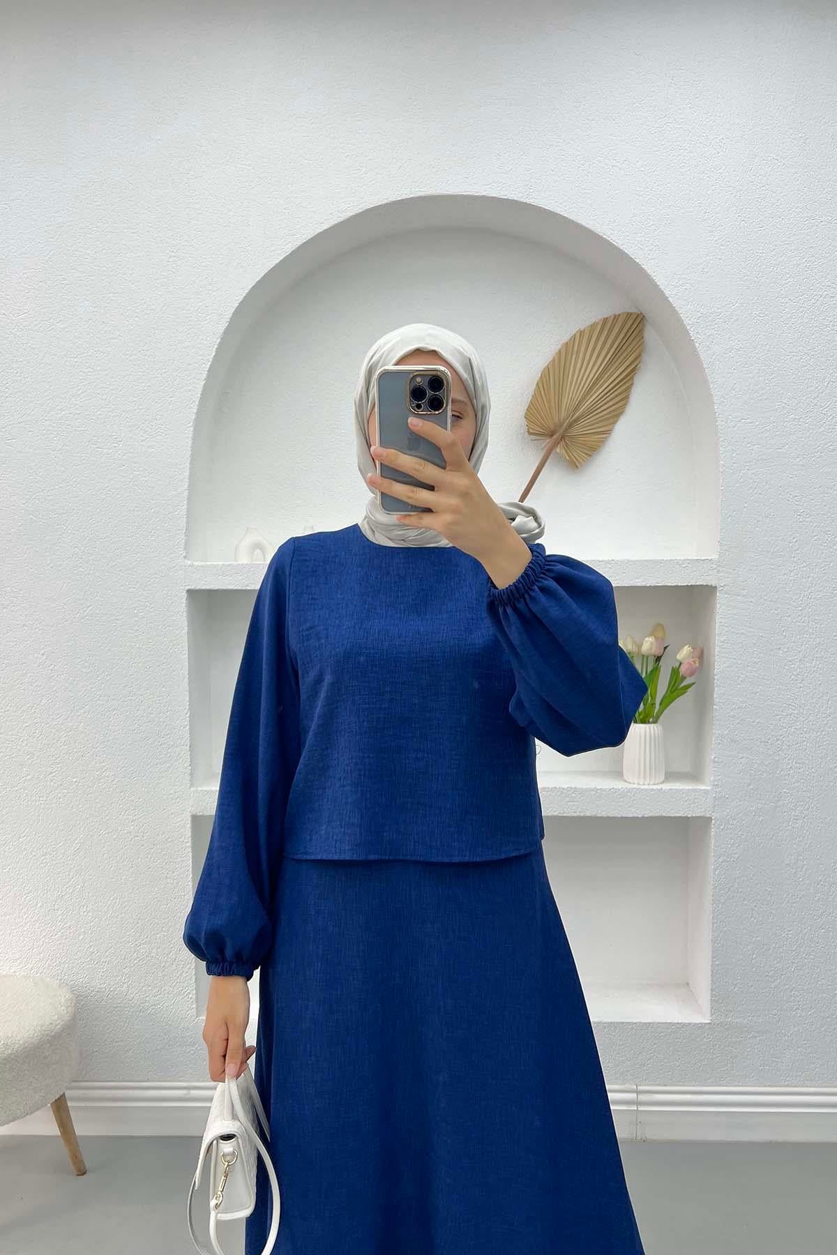 Crop Bluz Etek Takım Lacivert