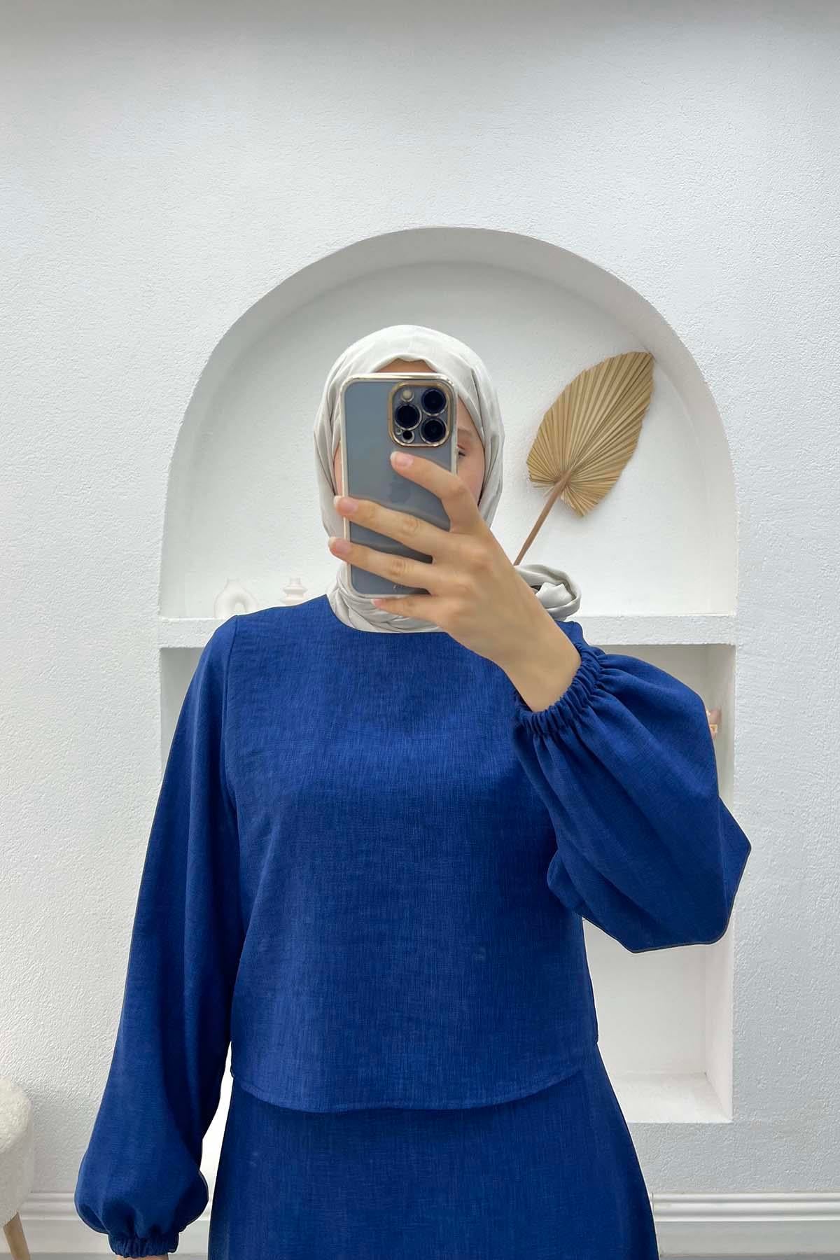 Crop Bluz Etek Takım Lacivert