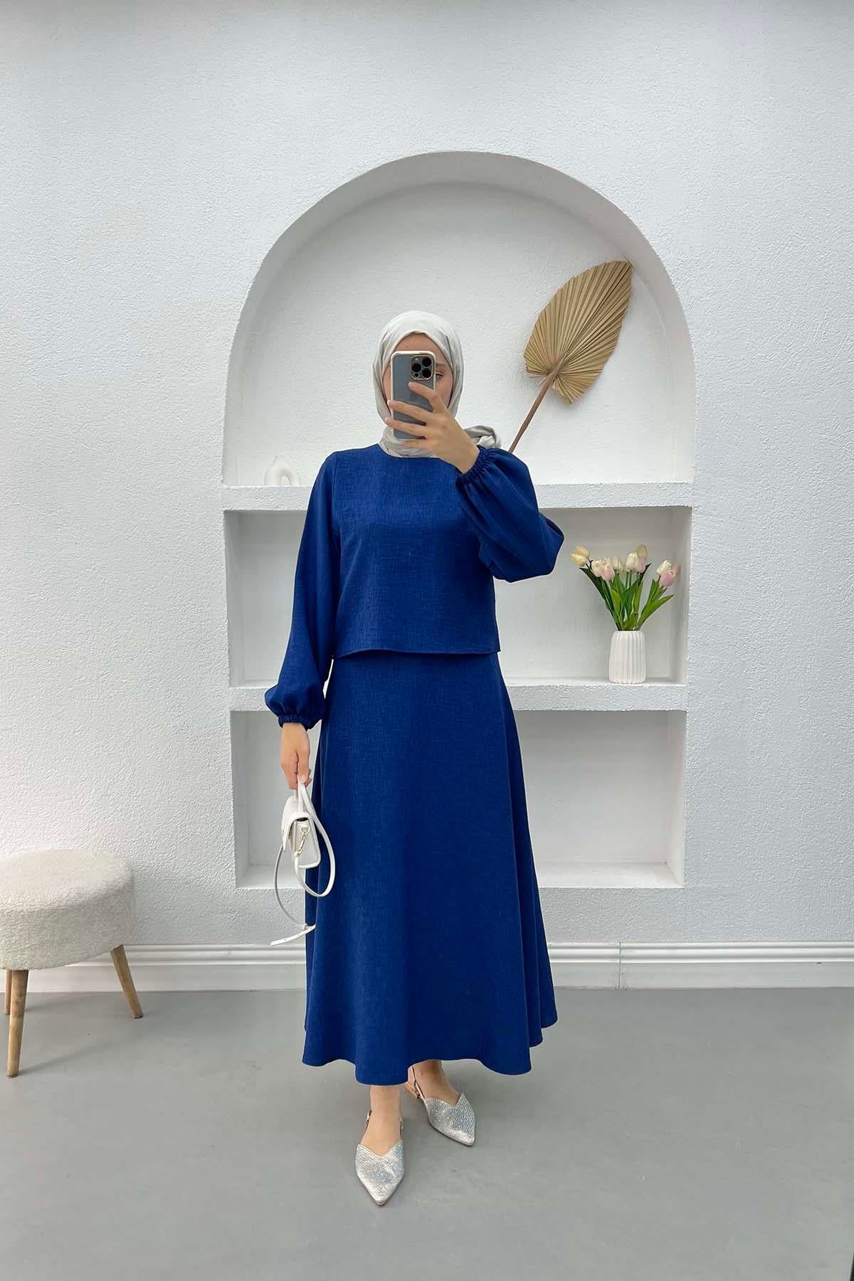 Crop Bluz Etek Takım Lacivert