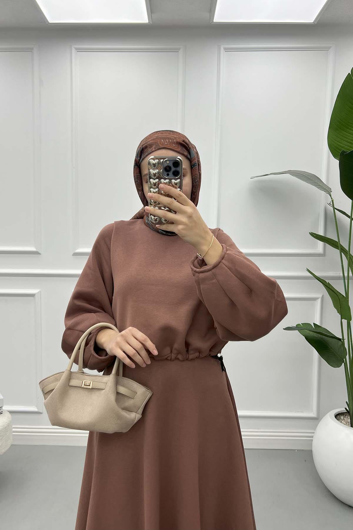 Crop Detaylı Üç İplik Elbise Kahve