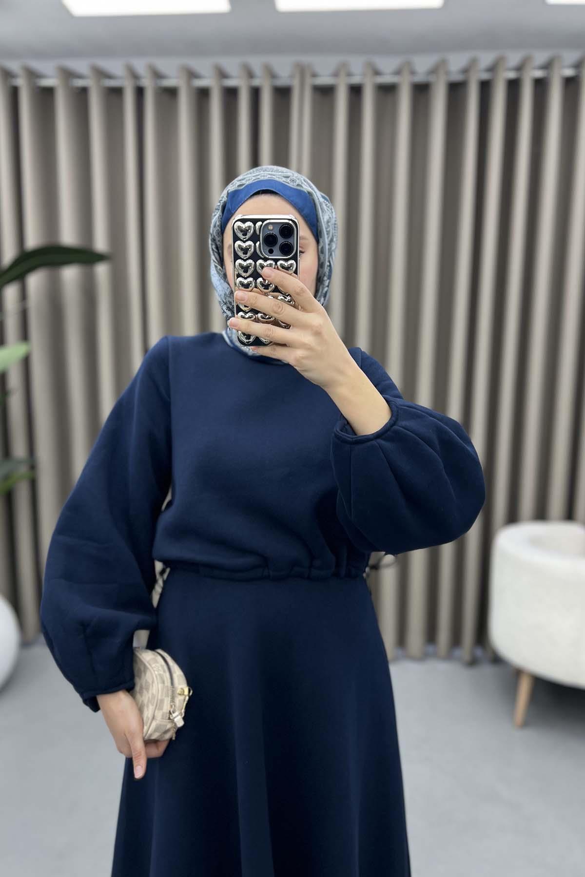 Crop Detaylı Üç İplik Elbise Lacivert