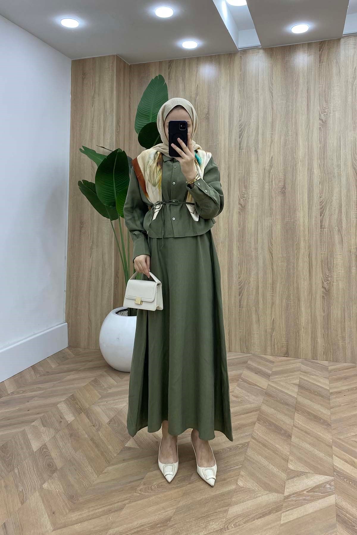 Crop Gömlekli Kemerli Jile Elbise Haki