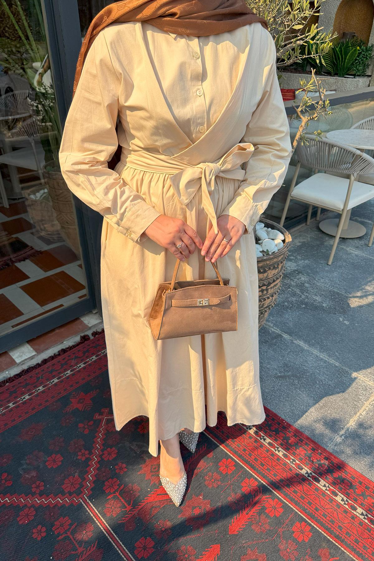 Dakron Bağlamalı Elbise Bej