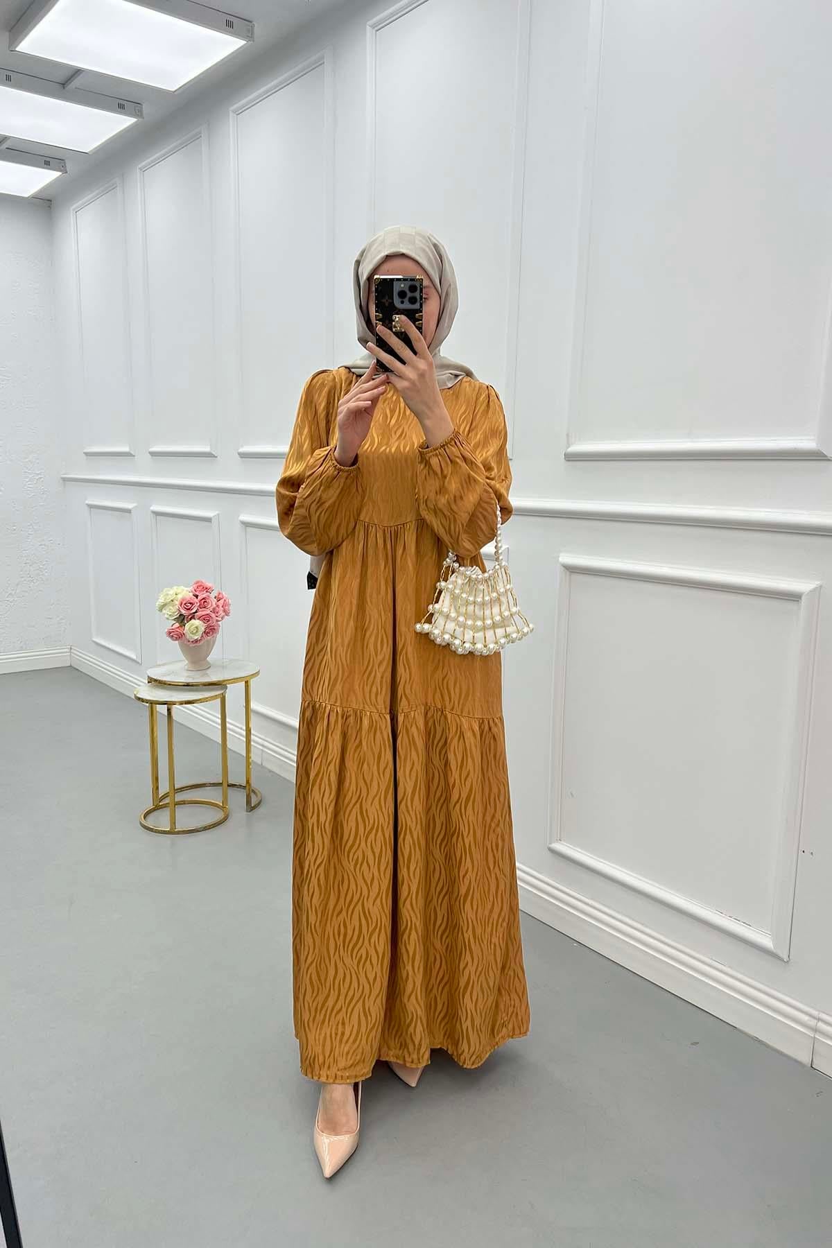 Dalga Desen Jakar Elbise Camel