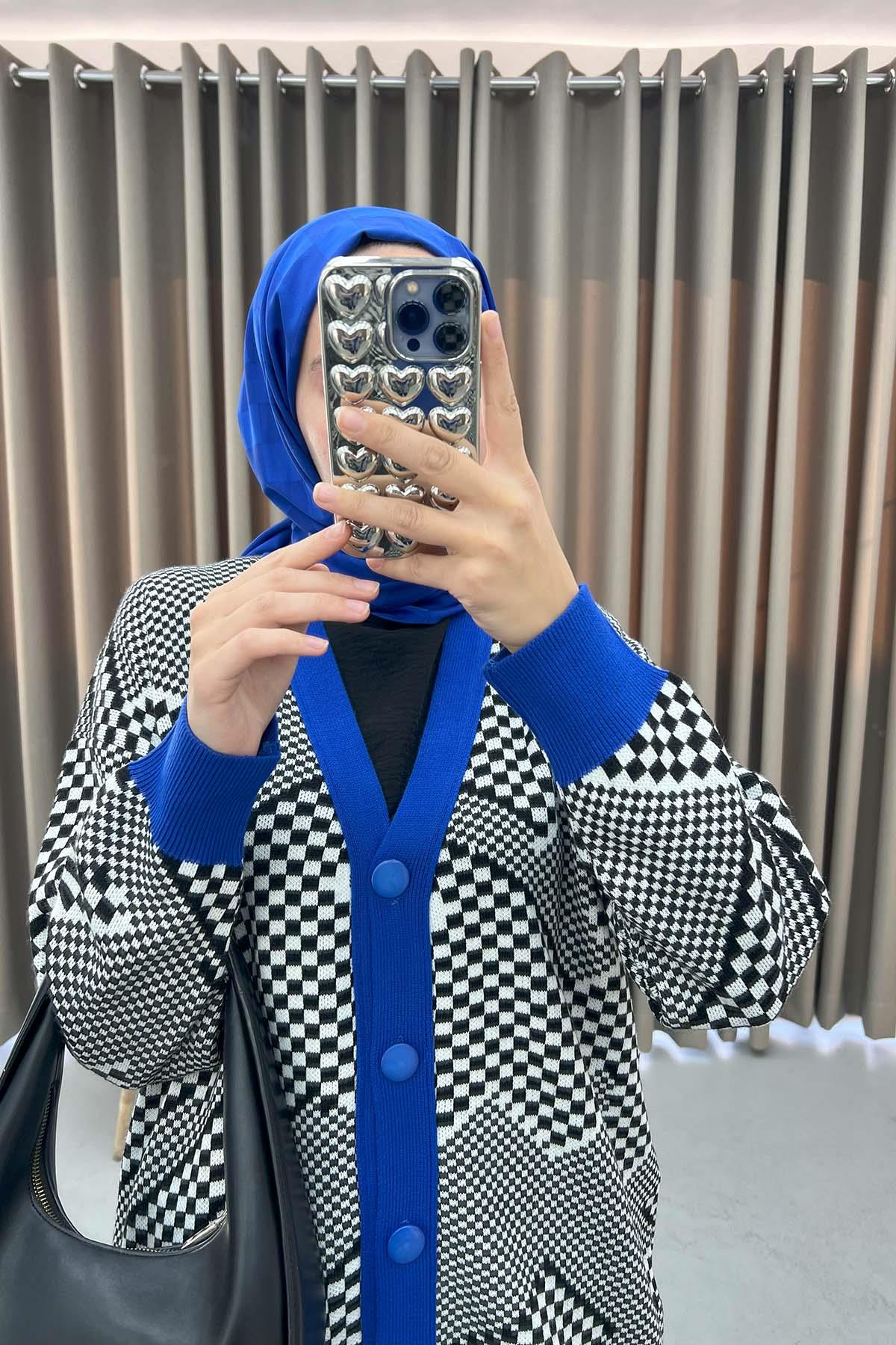 Dama Desen Triko Hırka Saks Mavi