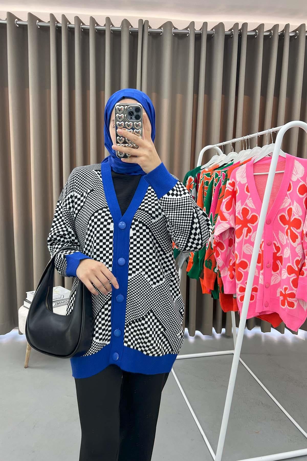 Dama Desen Triko Hırka Saks Mavi