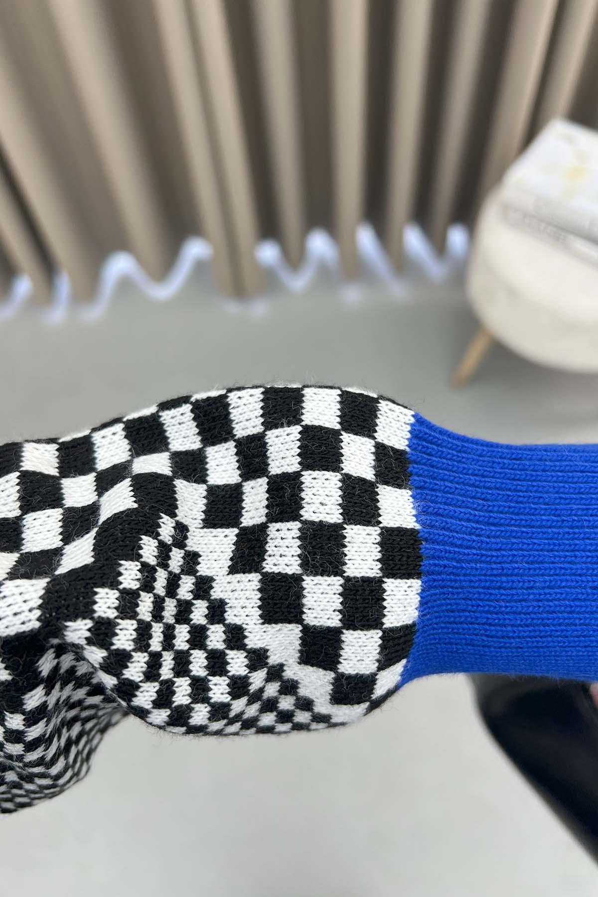 Dama Desen Triko Hırka Saks Mavi