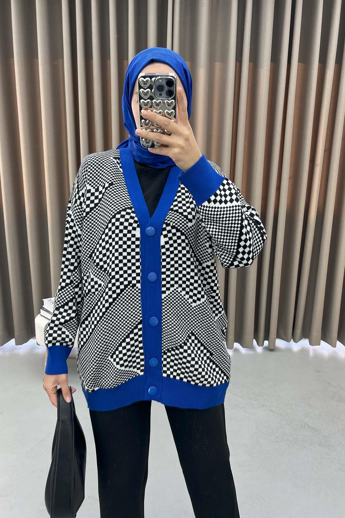 Dama Desen Triko Hırka Saks Mavi