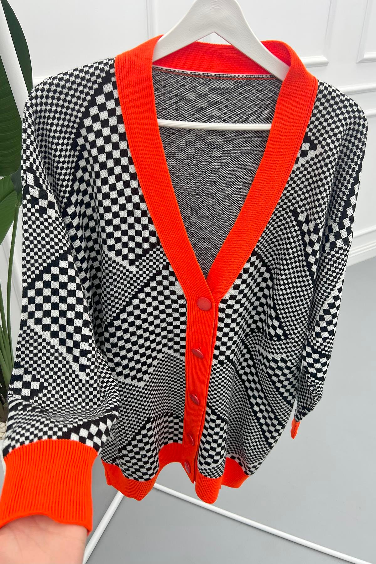 Dama Desen Triko Hırka Turuncu