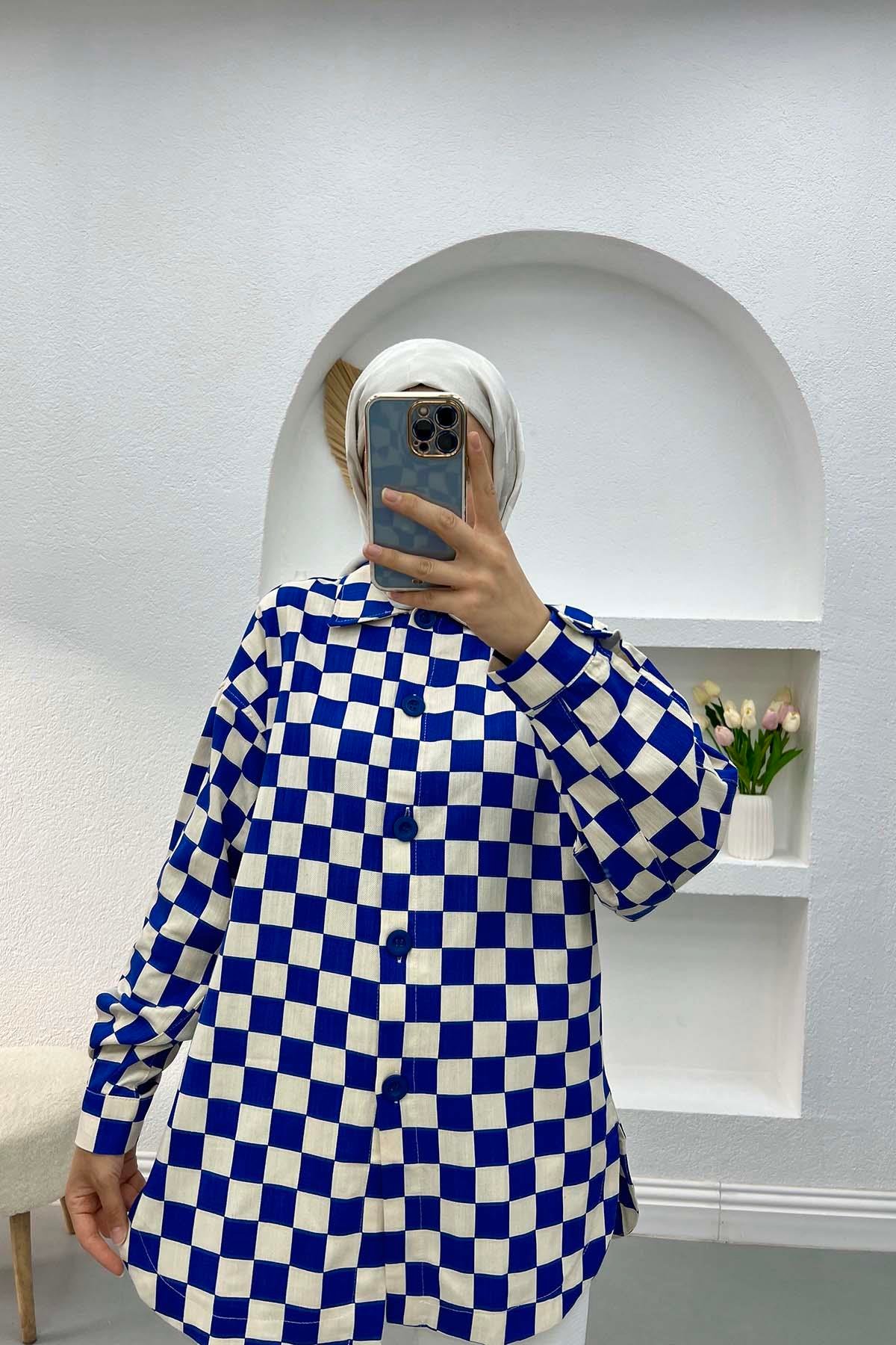 Dama Desenli Gömlek Saks Mavi