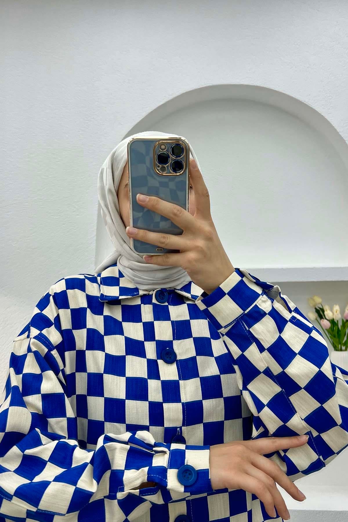 Dama Desenli Gömlek Saks Mavi