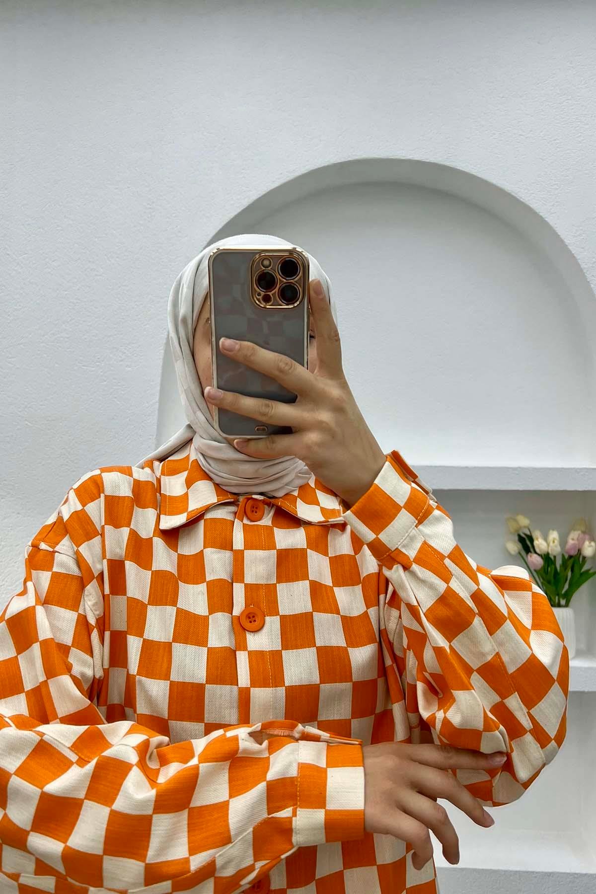 Dama Desenli Gömlek Turuncu