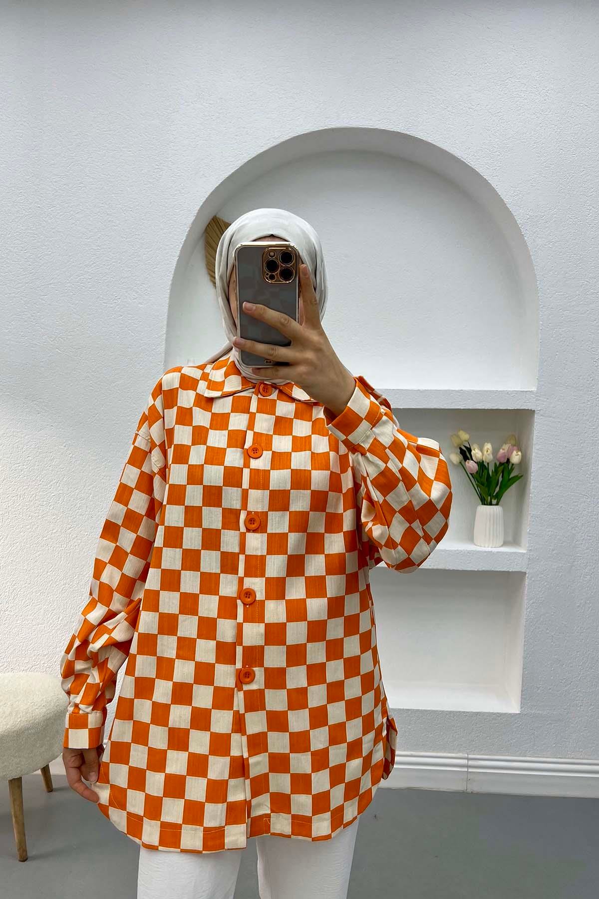 Dama Desenli Gömlek Turuncu