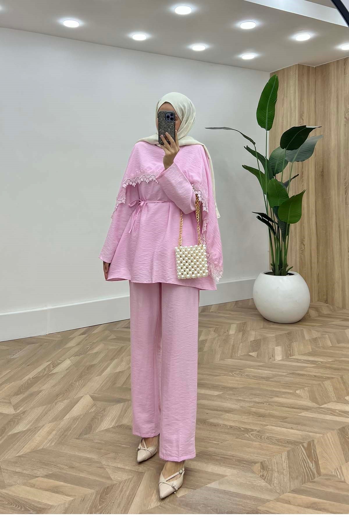 Dantel Detaylı Bağlamalı İkili Takım Pembe