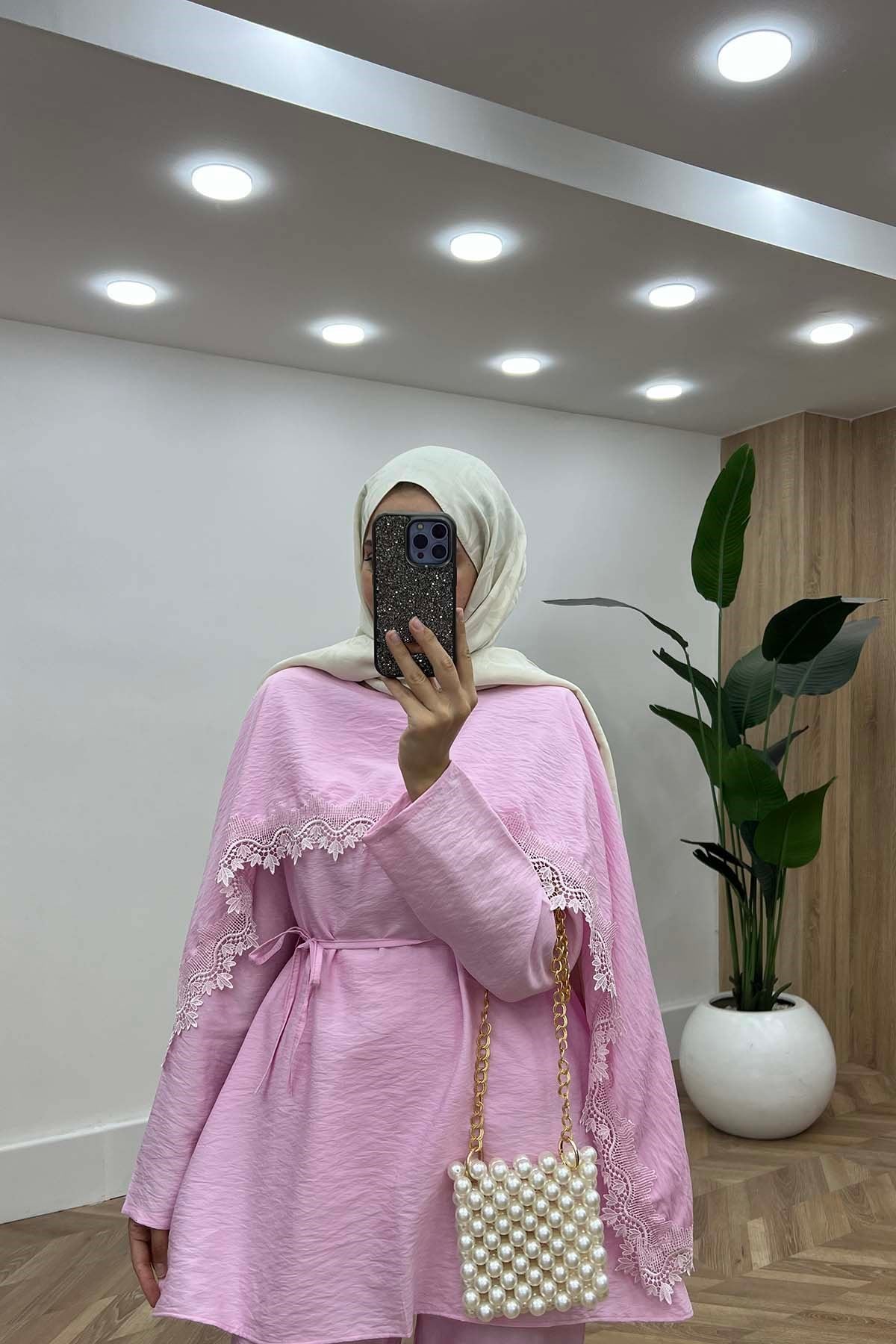 Dantel Detaylı Bağlamalı İkili Takım Pembe
