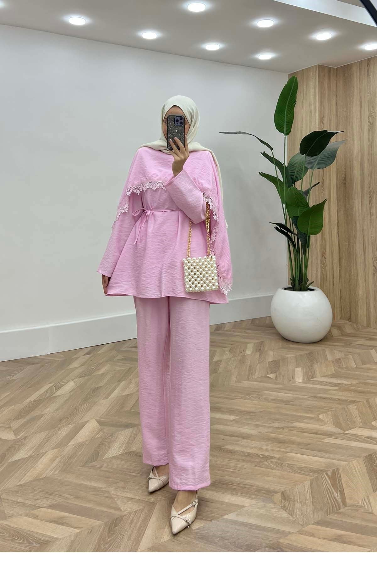 Dantel Detaylı Bağlamalı İkili Takım Pembe