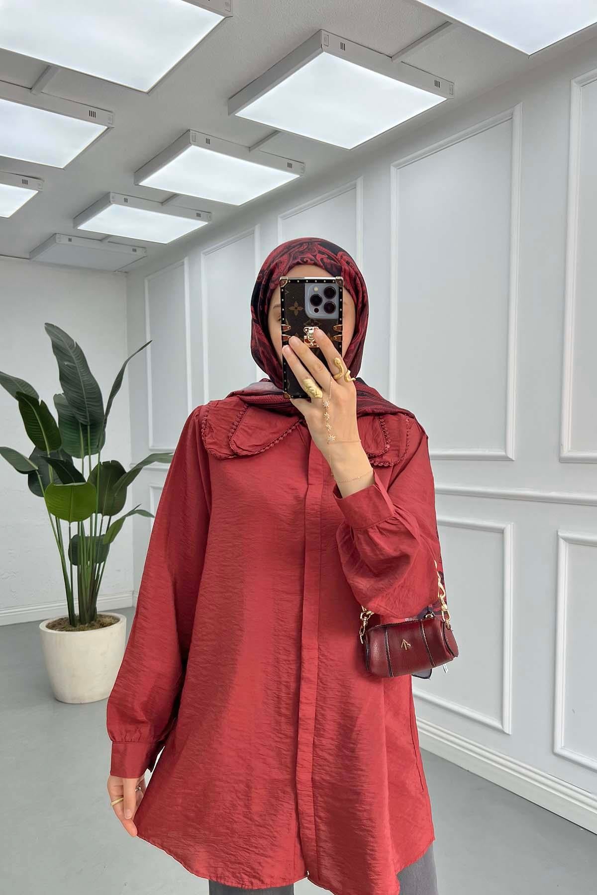 Dantel Detaylı Bebe Yaka Gömlek Bordo