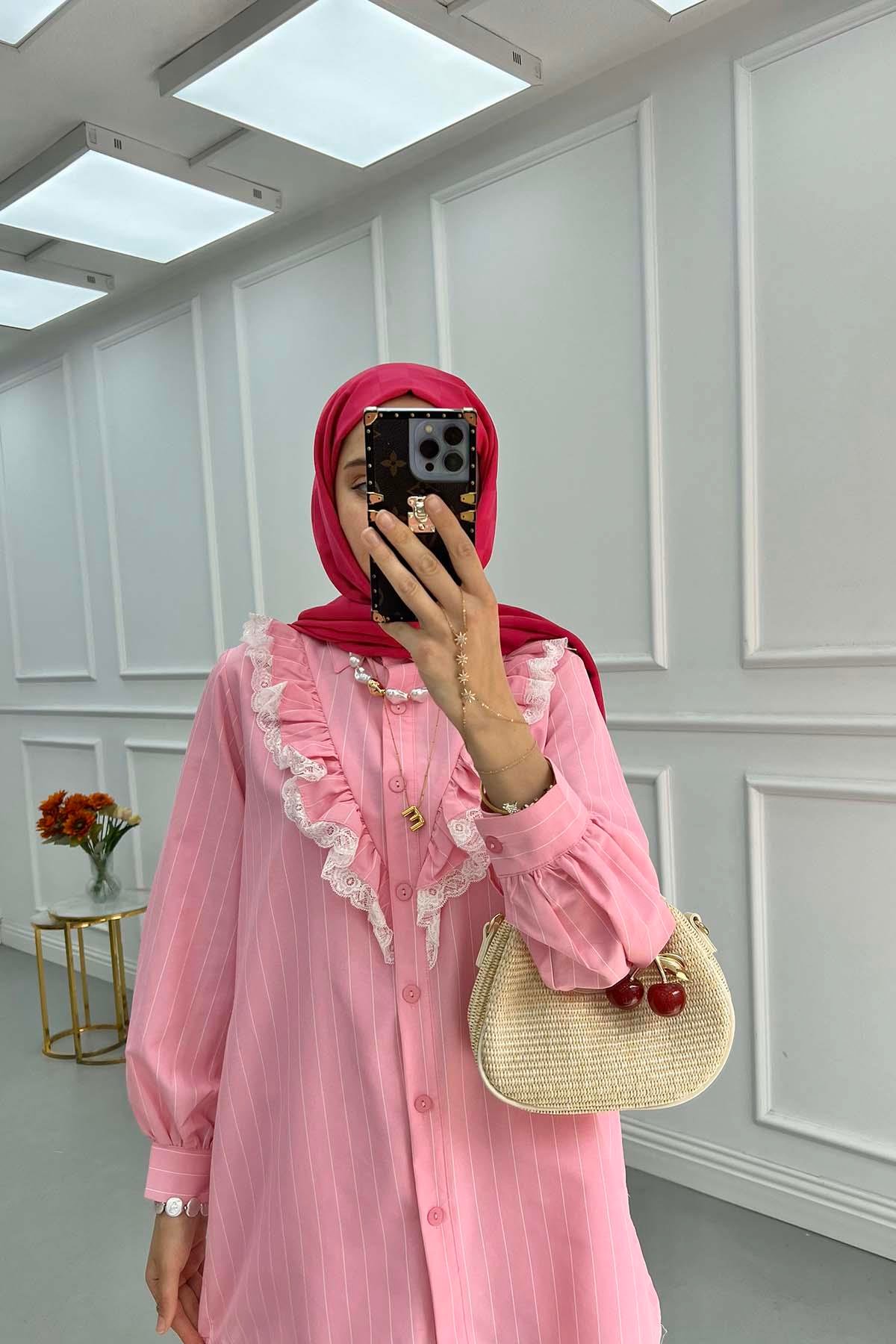 Dantel Detaylı Çizgili Gömlek Pembe