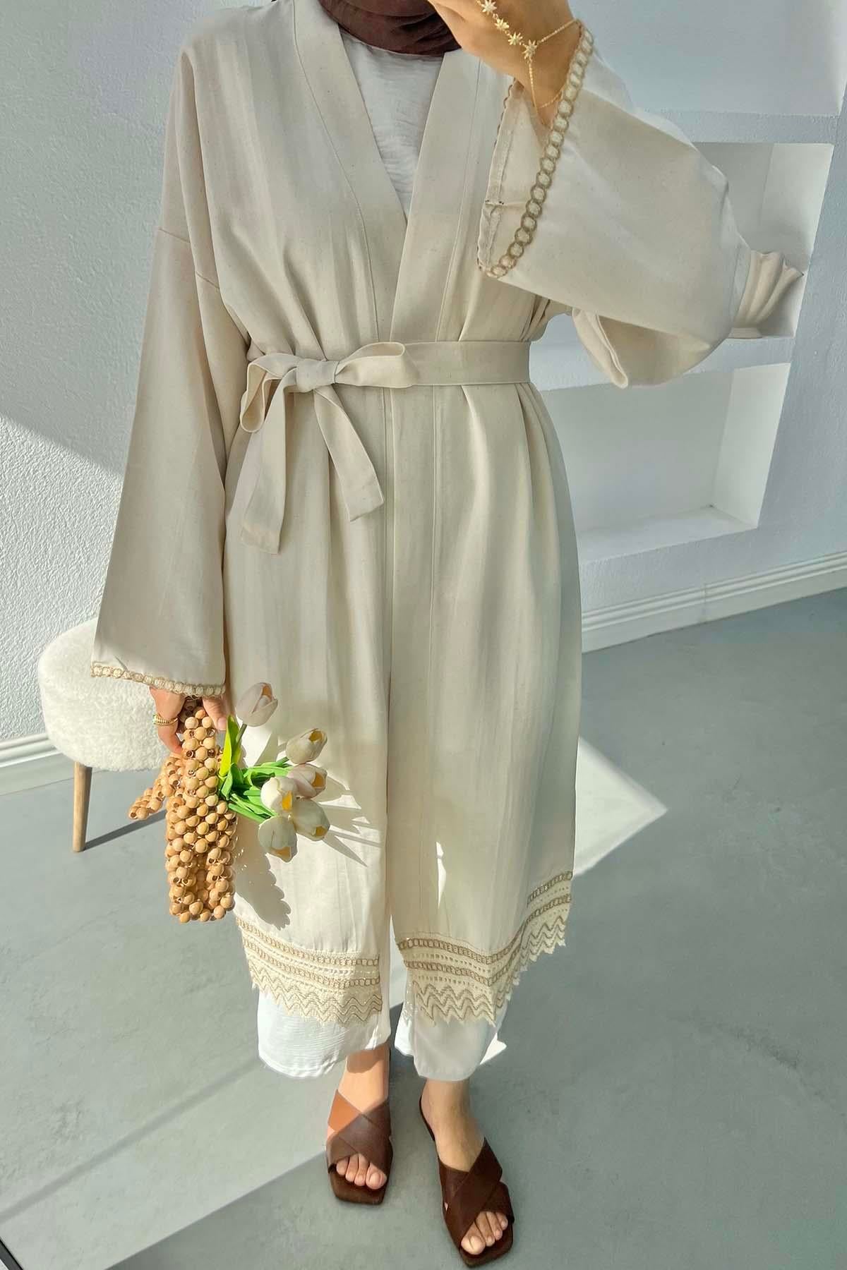 Dantel Detaylı Keten Kimono Taş