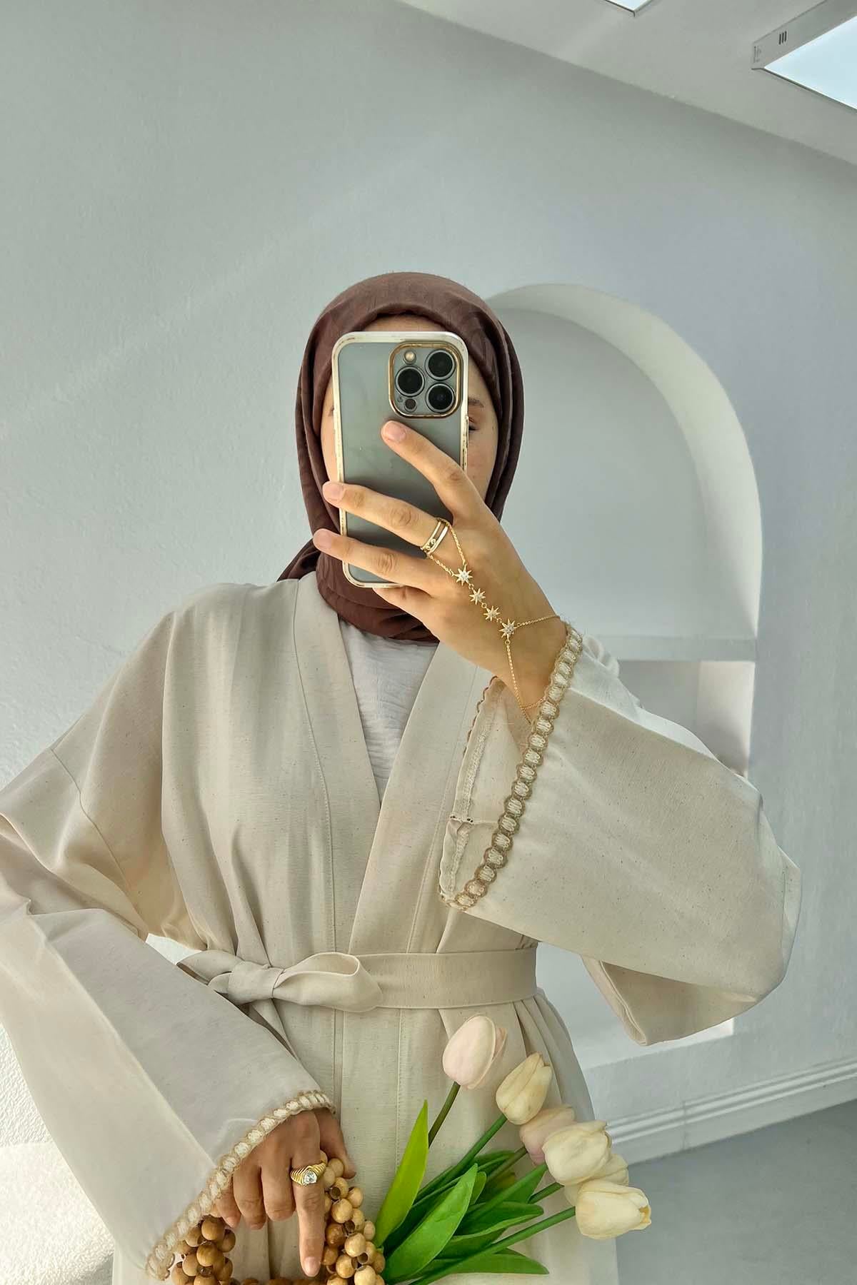 Dantel Detaylı Keten Kimono Taş
