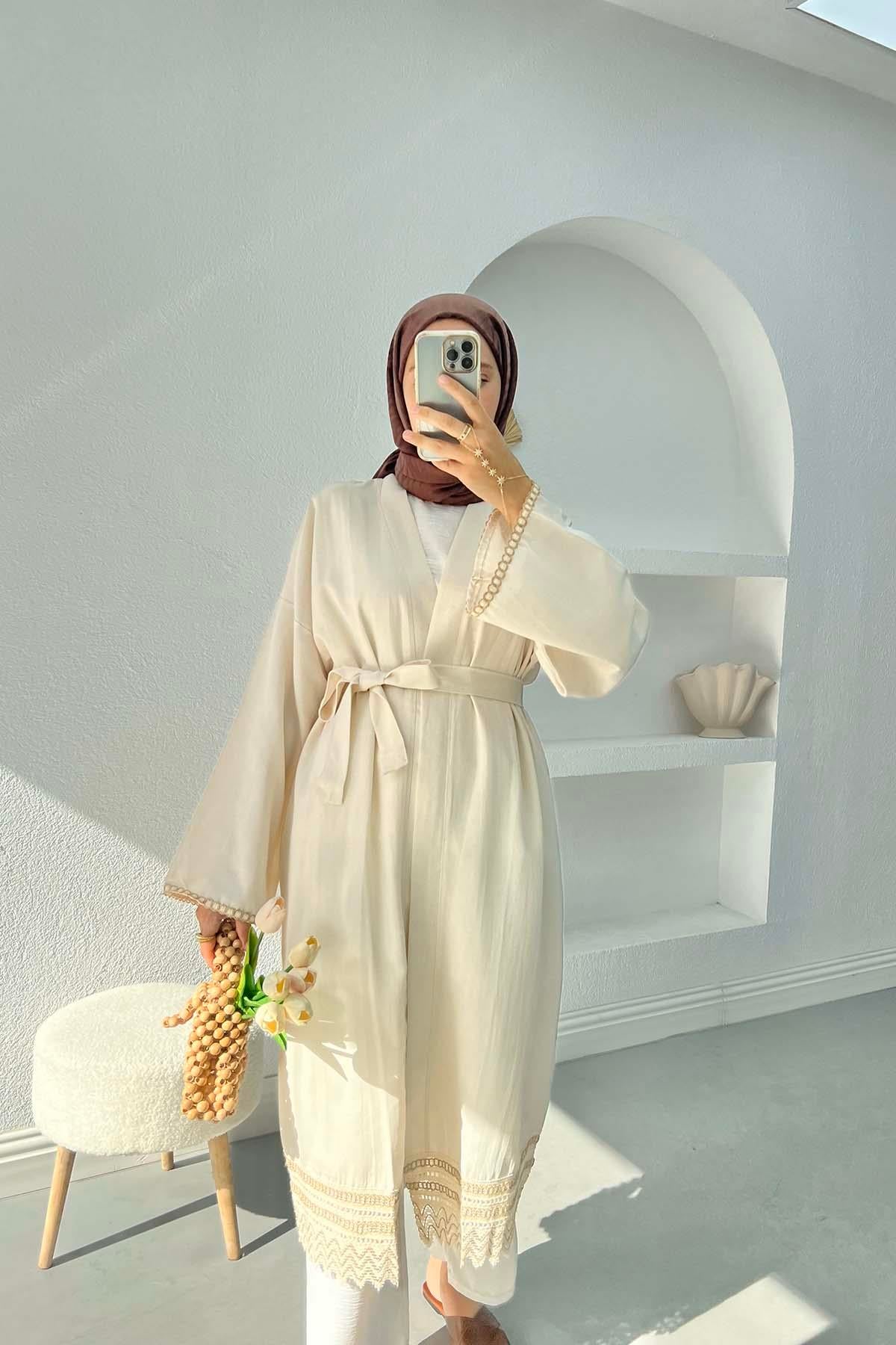 Dantel Detaylı Keten Kimono Taş