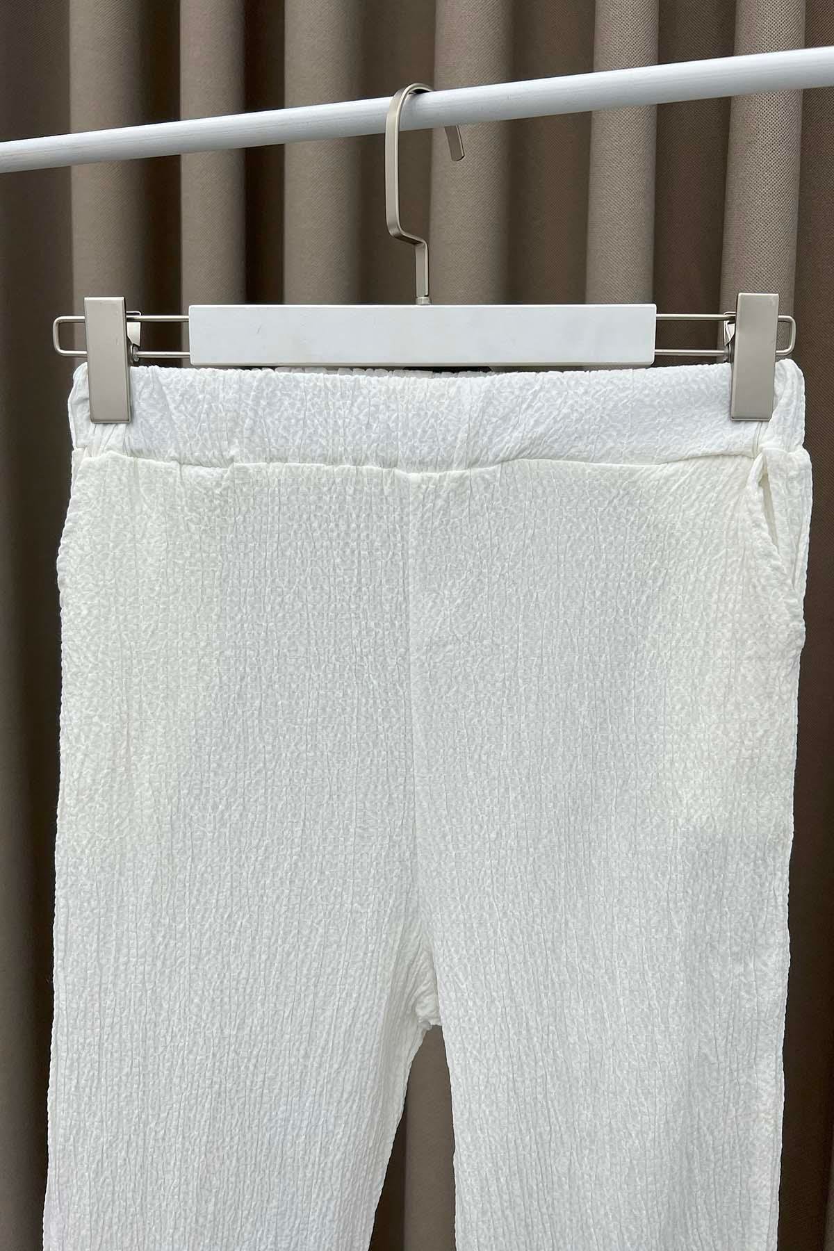 Dar Paça Gofre Pantolon Beyaz