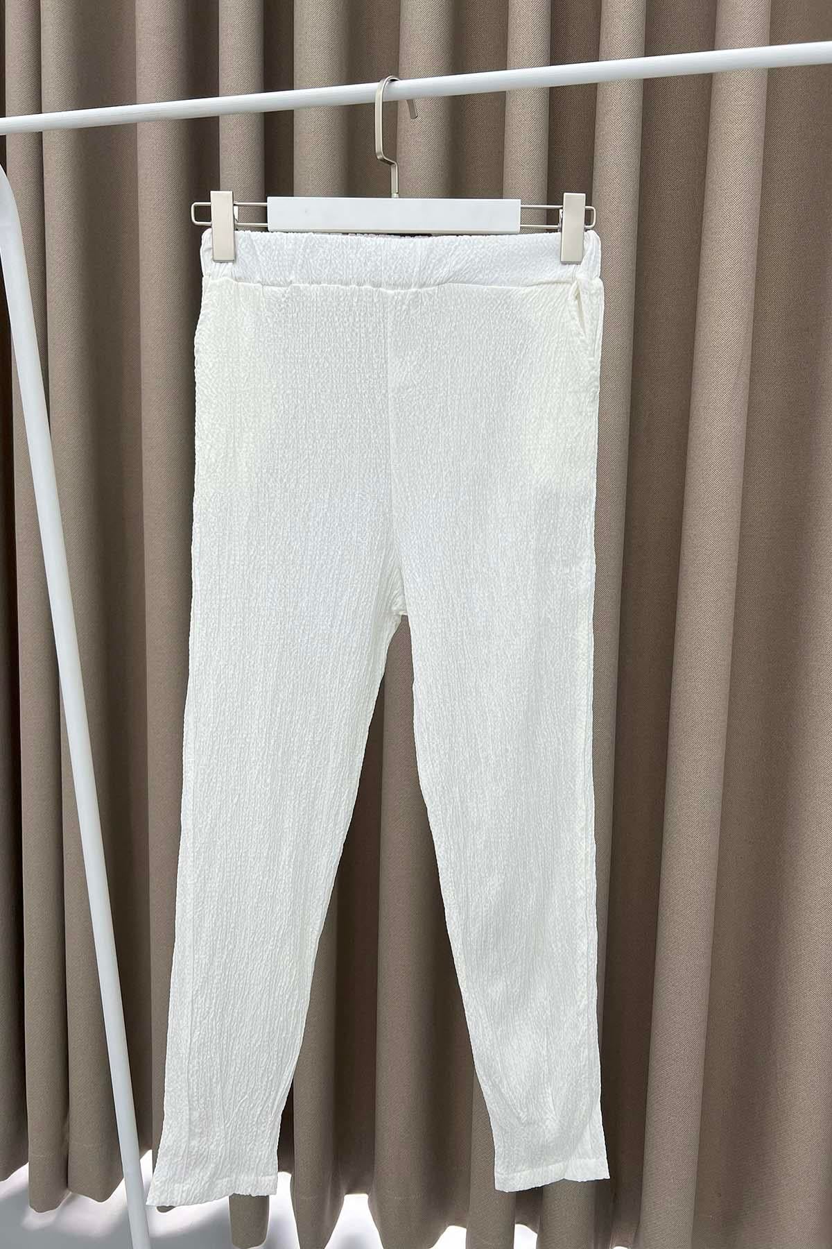 Dar Paça Gofre Pantolon Beyaz