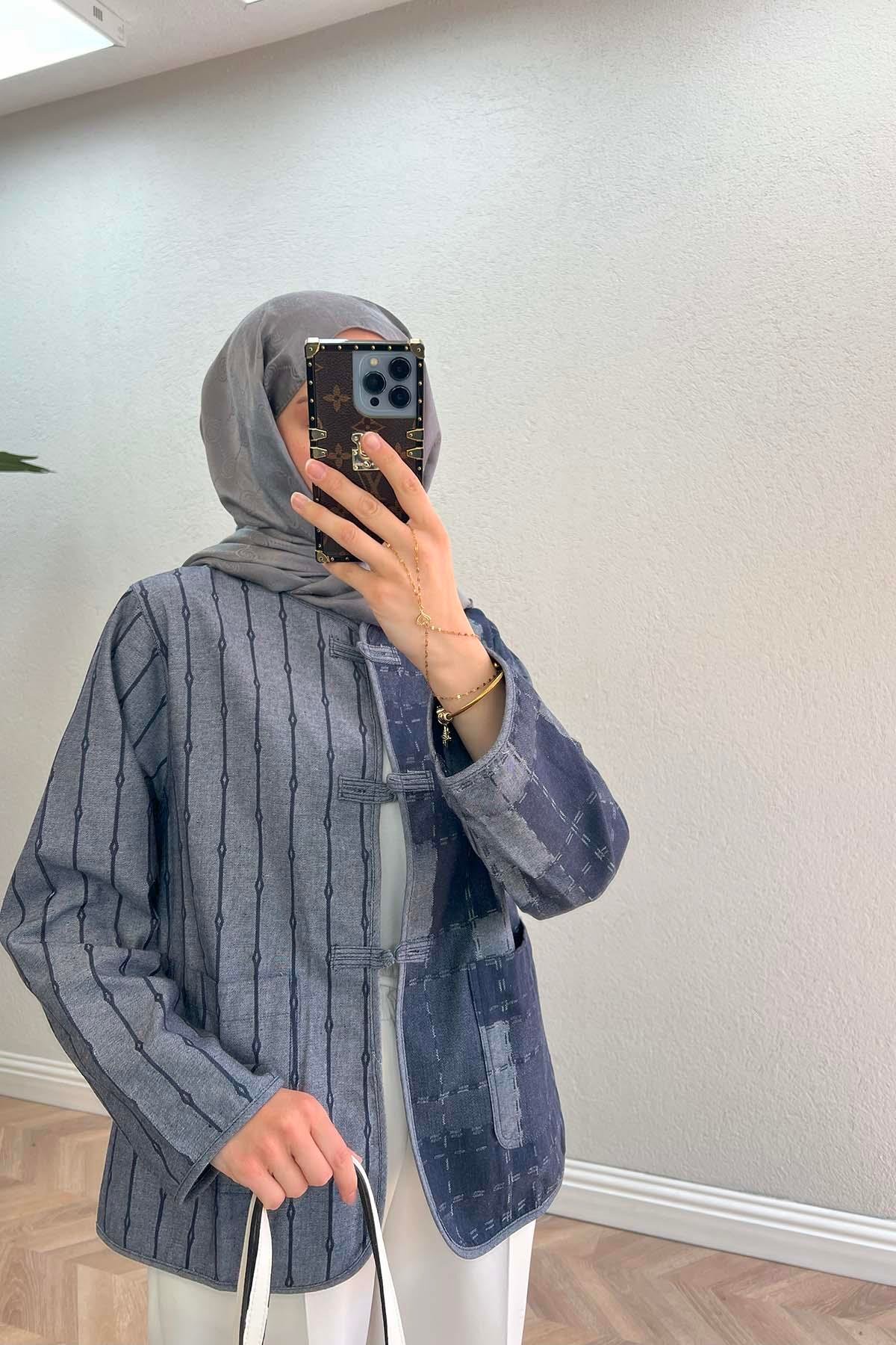Denim Dokulu Ceket Lacivert