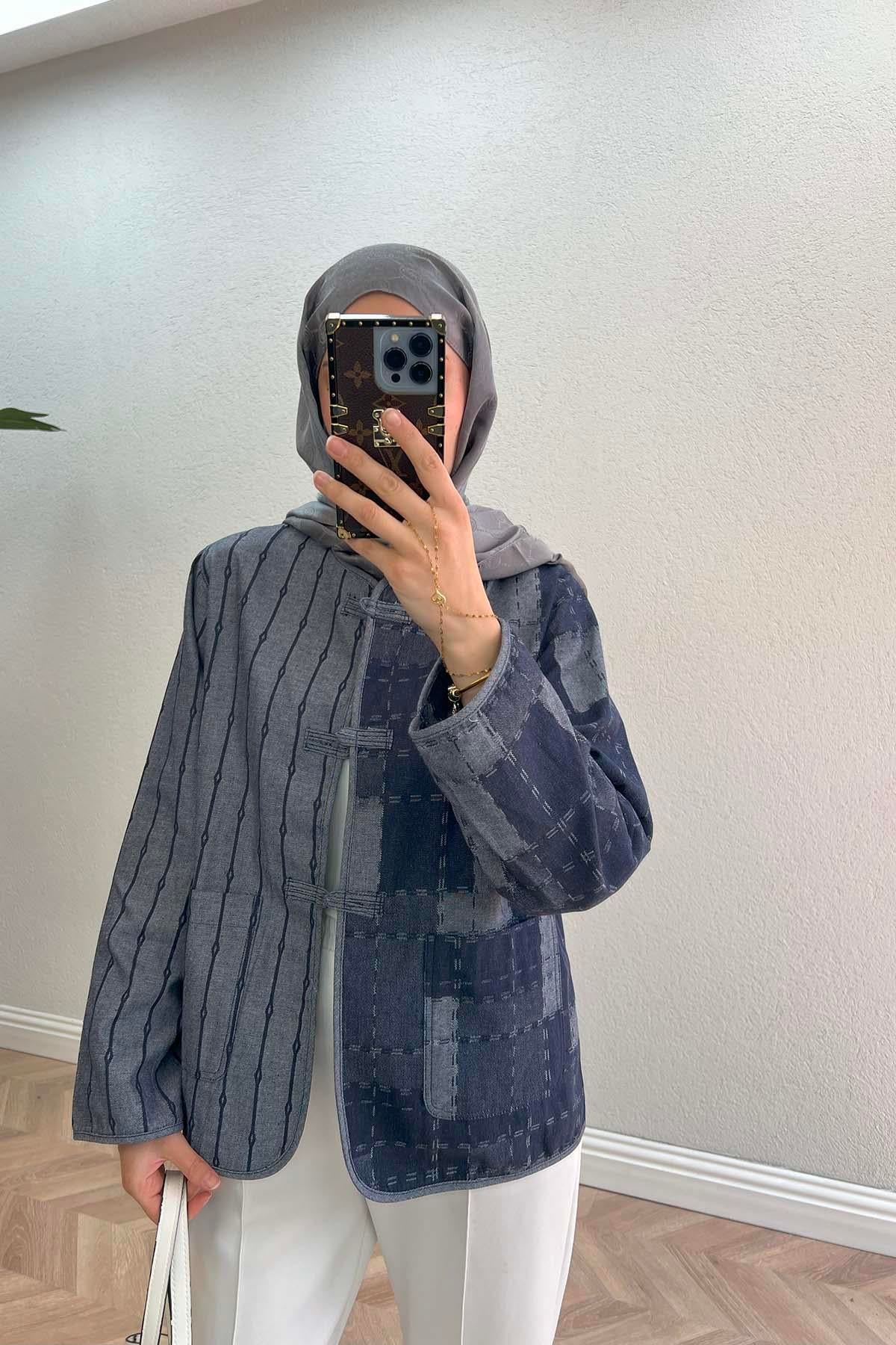 Denim Dokulu Ceket Lacivert