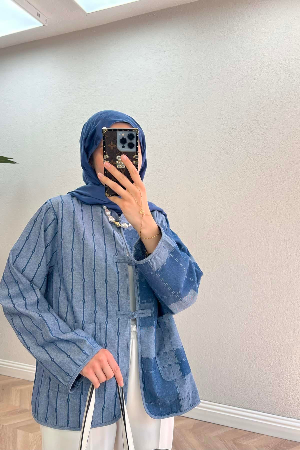 Denim Dokulu Ceket Mavi