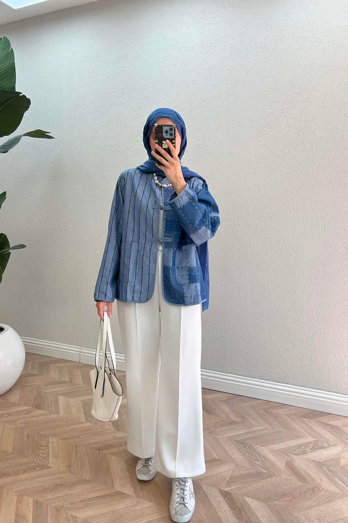 Denim Dokulu Ceket Mavi