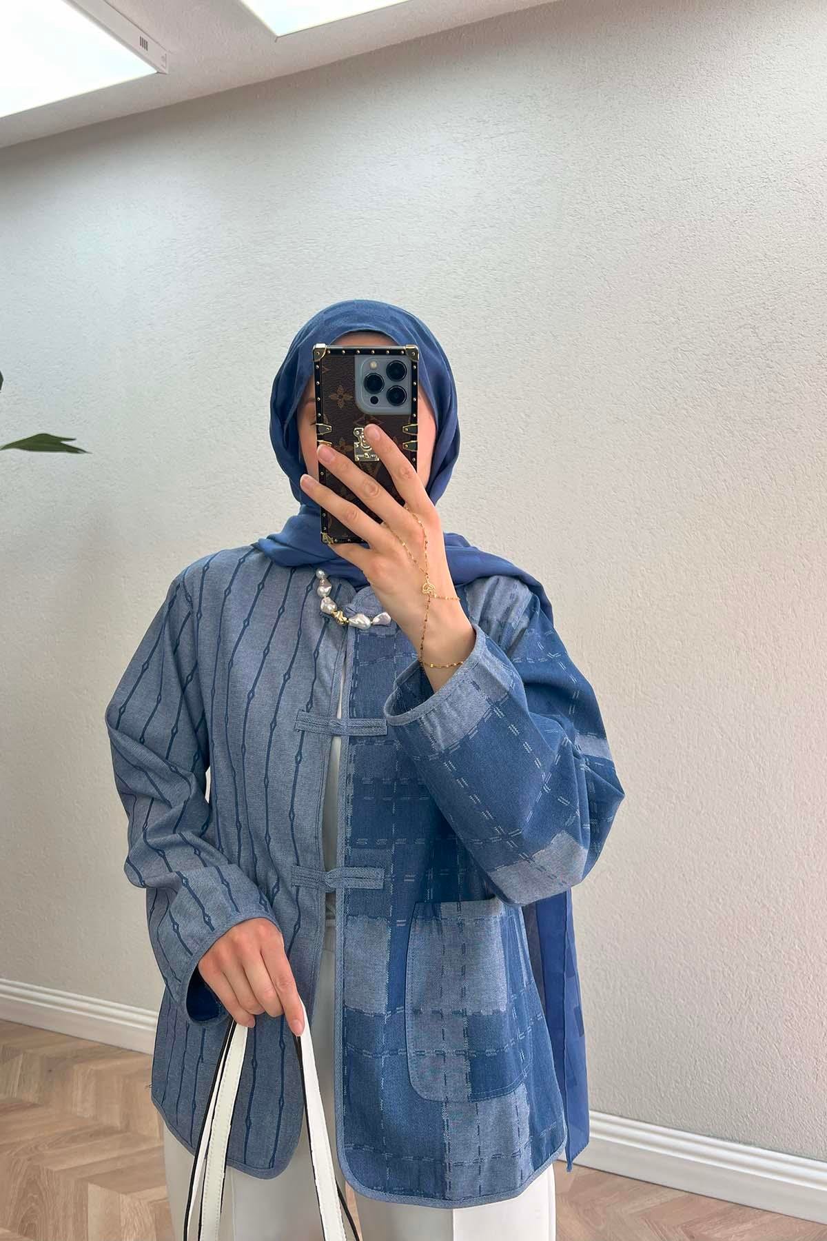 Denim Dokulu Ceket Mavi
