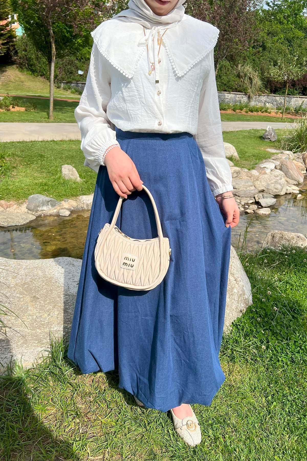 Denim Dokulu Prenses Viral Etek Mavi