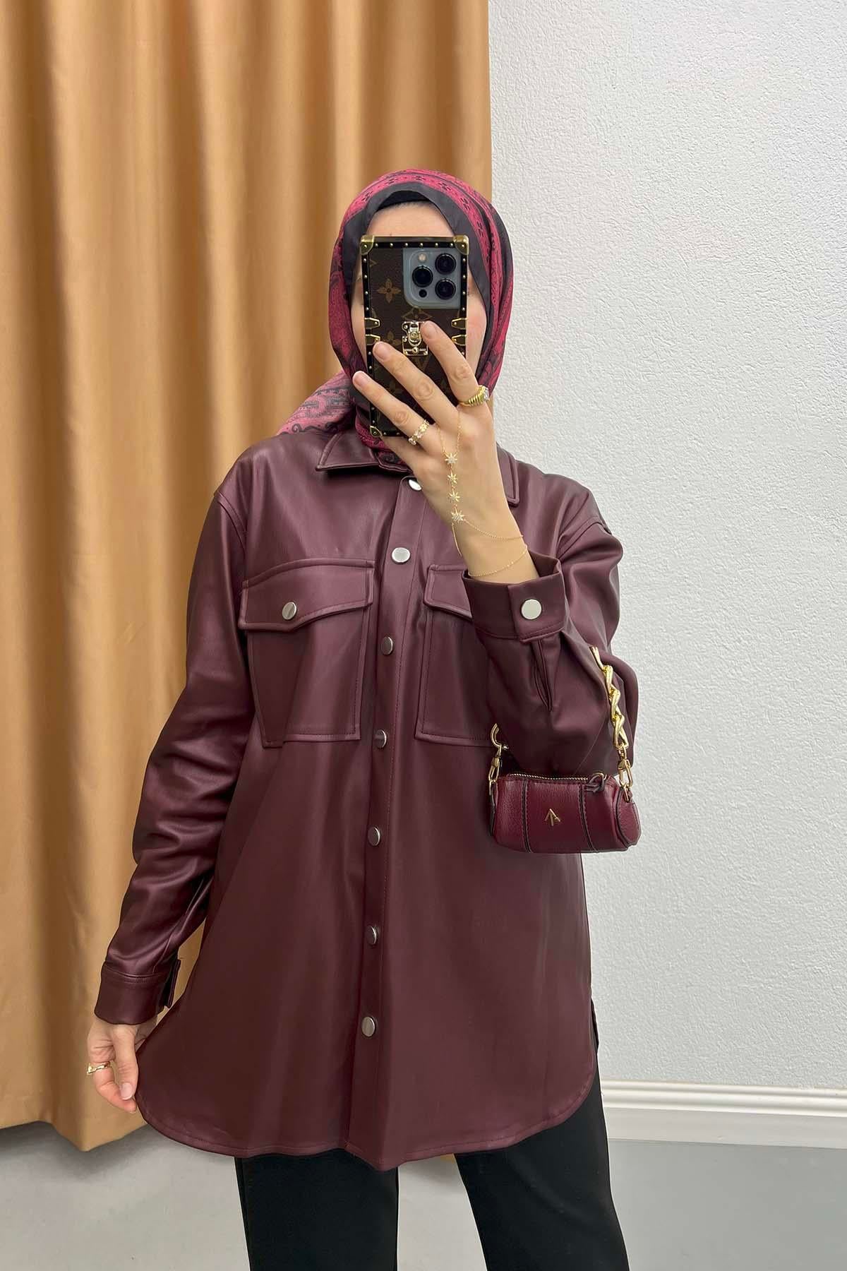 Deri Çıtçıtlı Gömlek Bordo