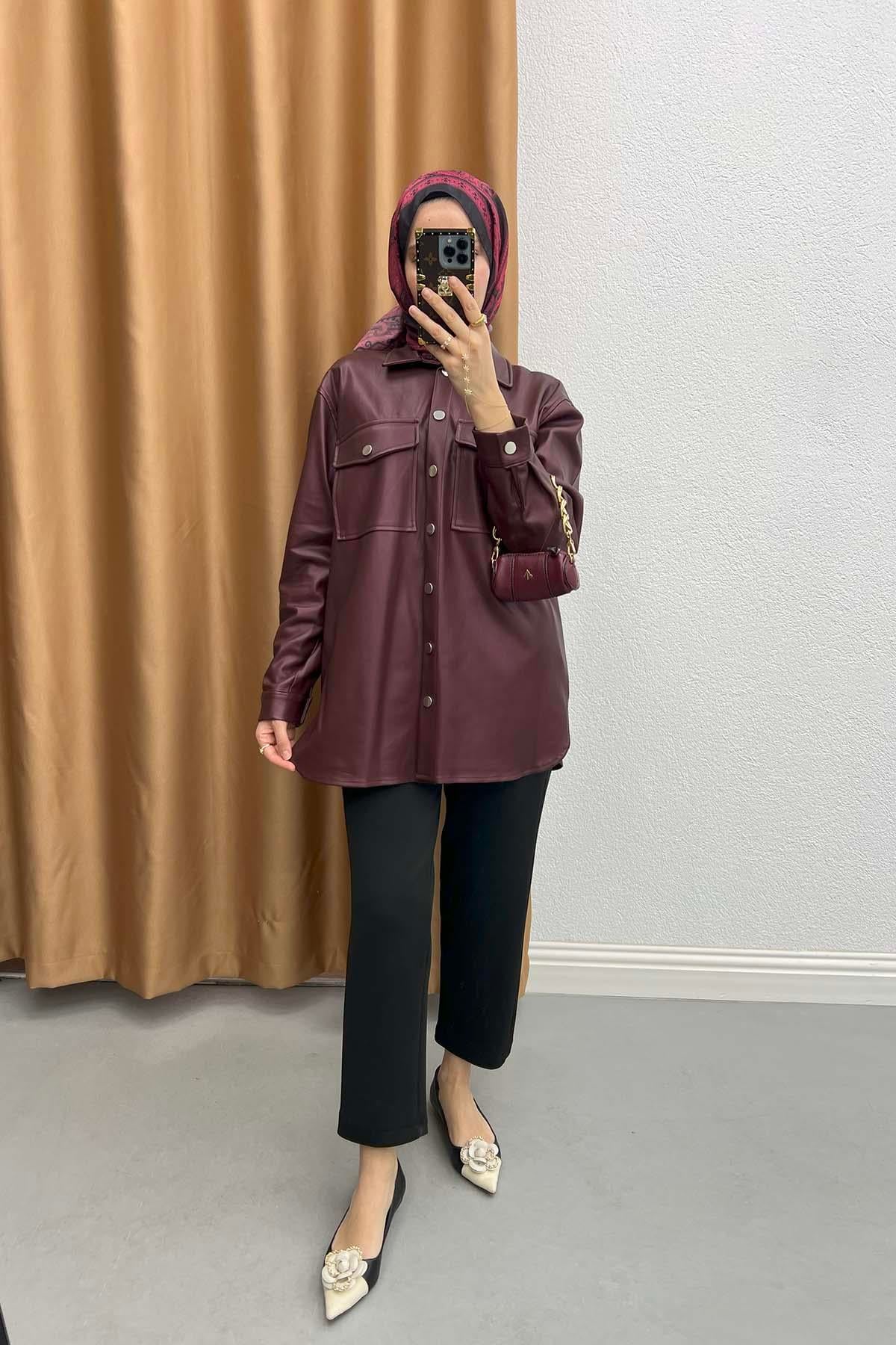 Deri Çıtçıtlı Gömlek Bordo