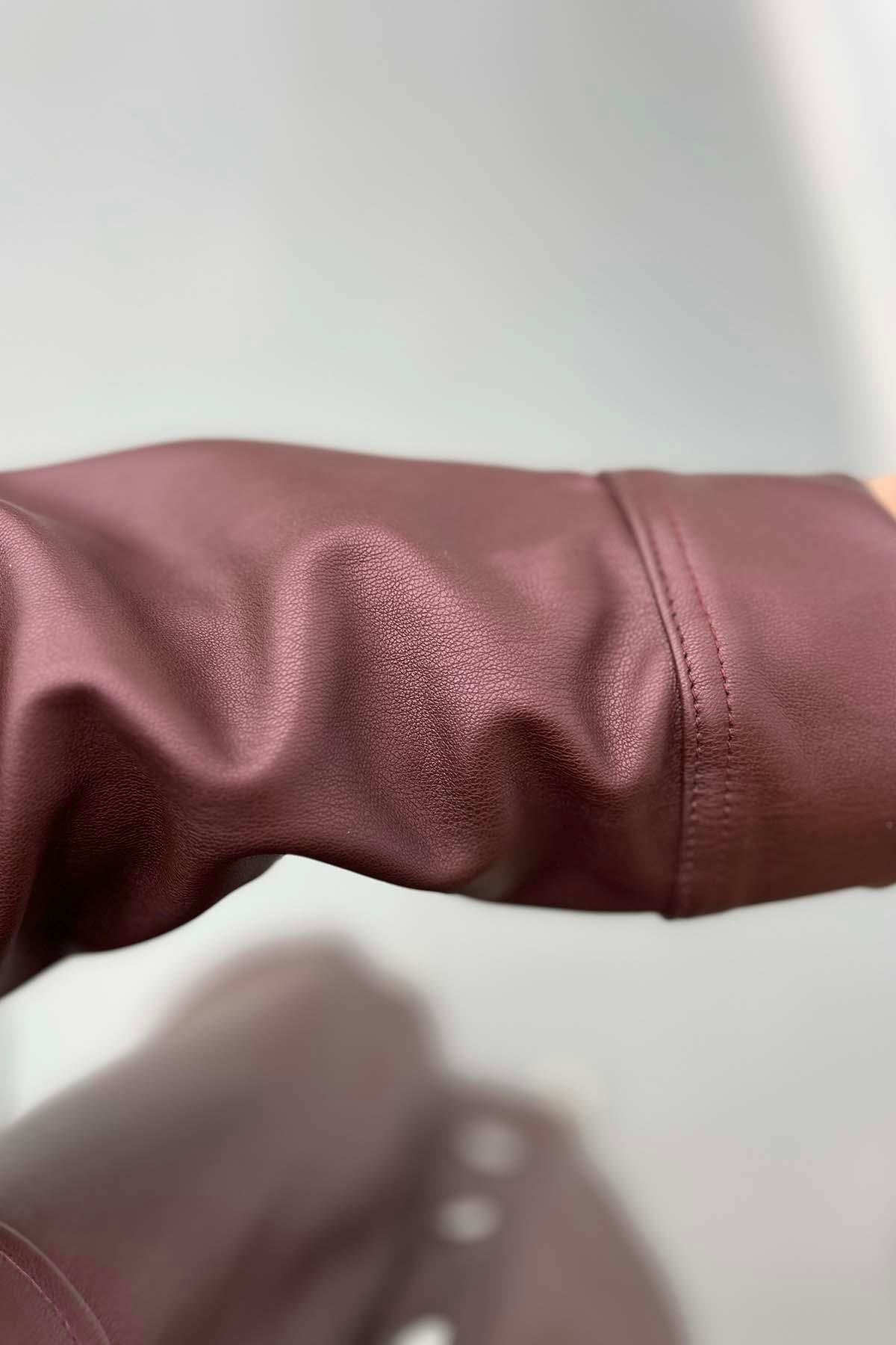 Deri Çıtçıtlı Gömlek Bordo
