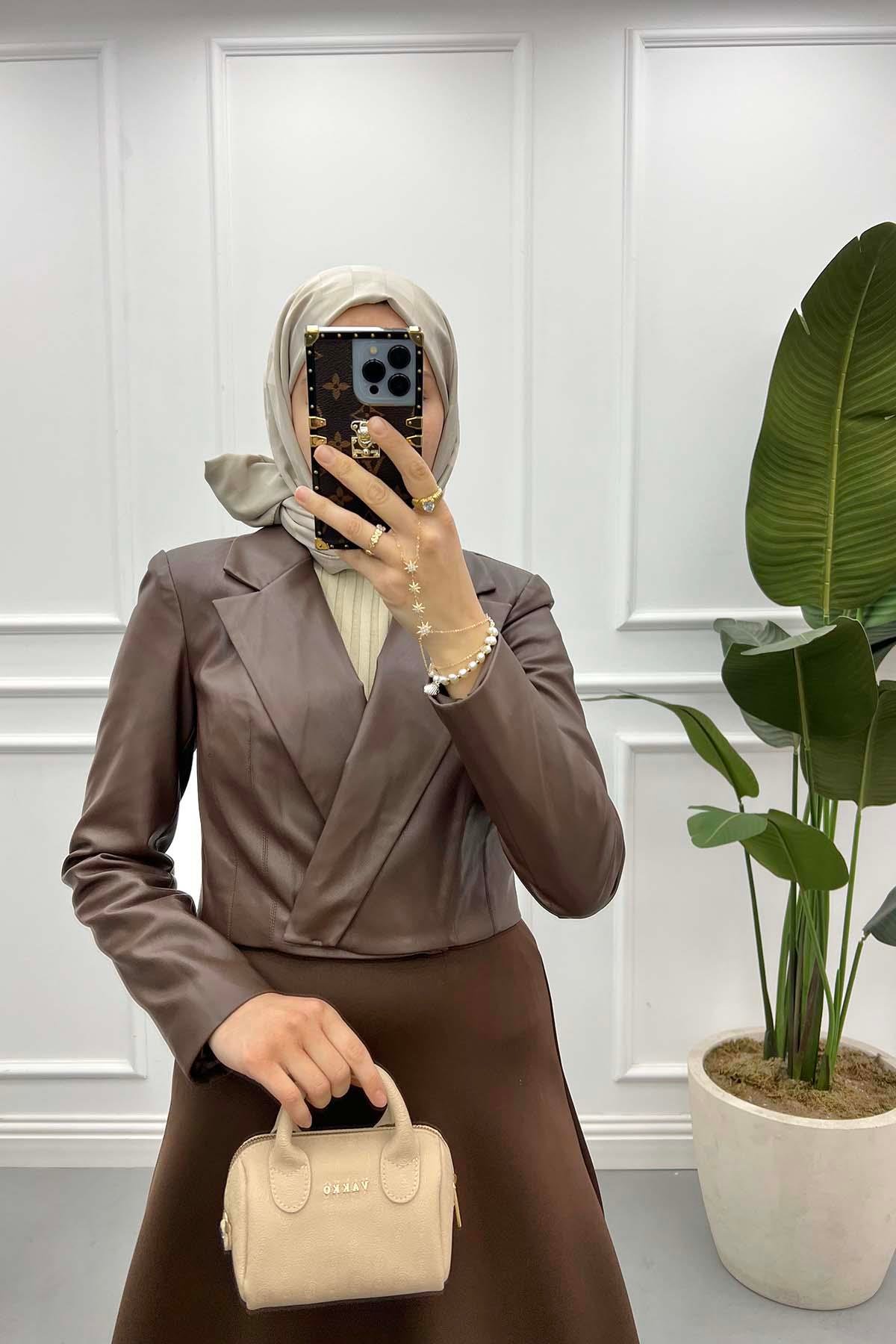 Deri Crop Ceket Acı Kahve