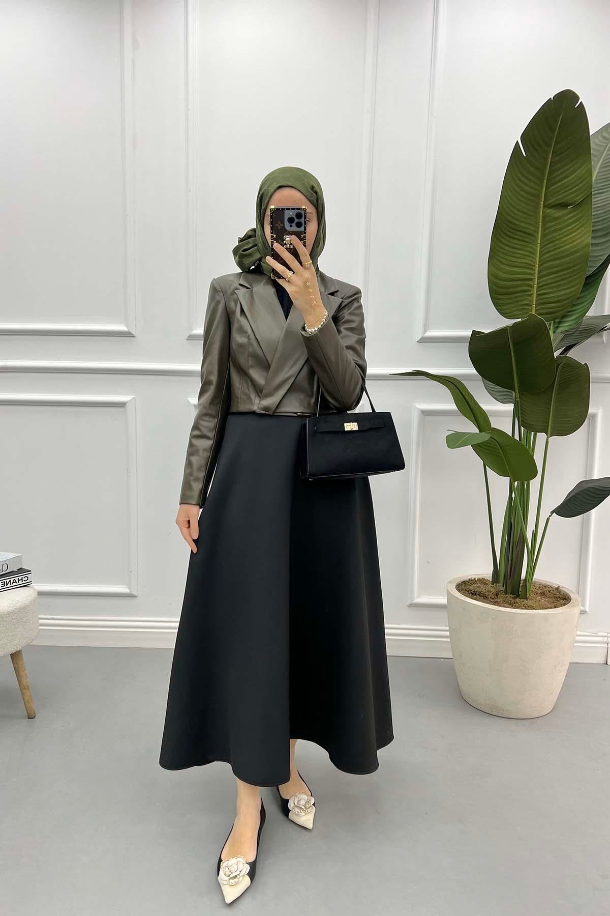 Deri Crop Ceket Haki