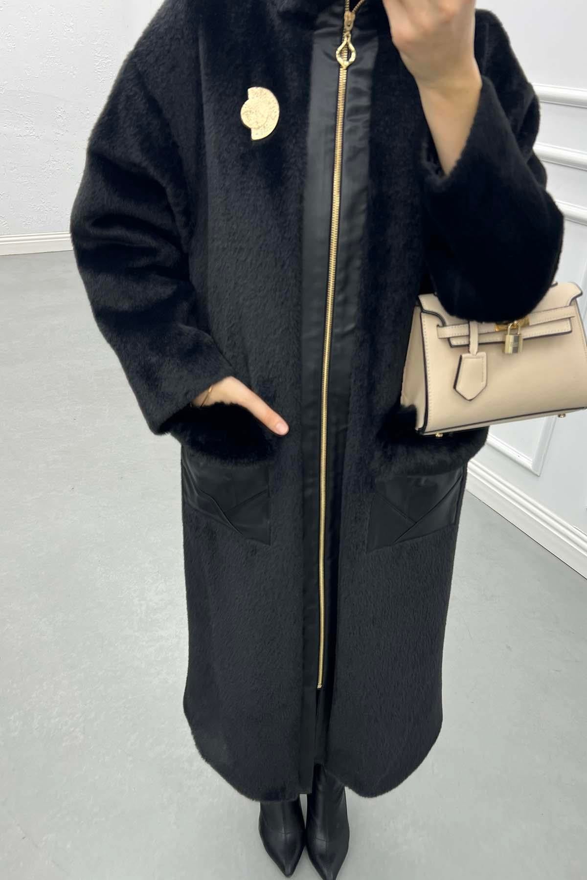 Deri Detaylı Astarlı Kısa Tüylü Peluş Kaban Siyah